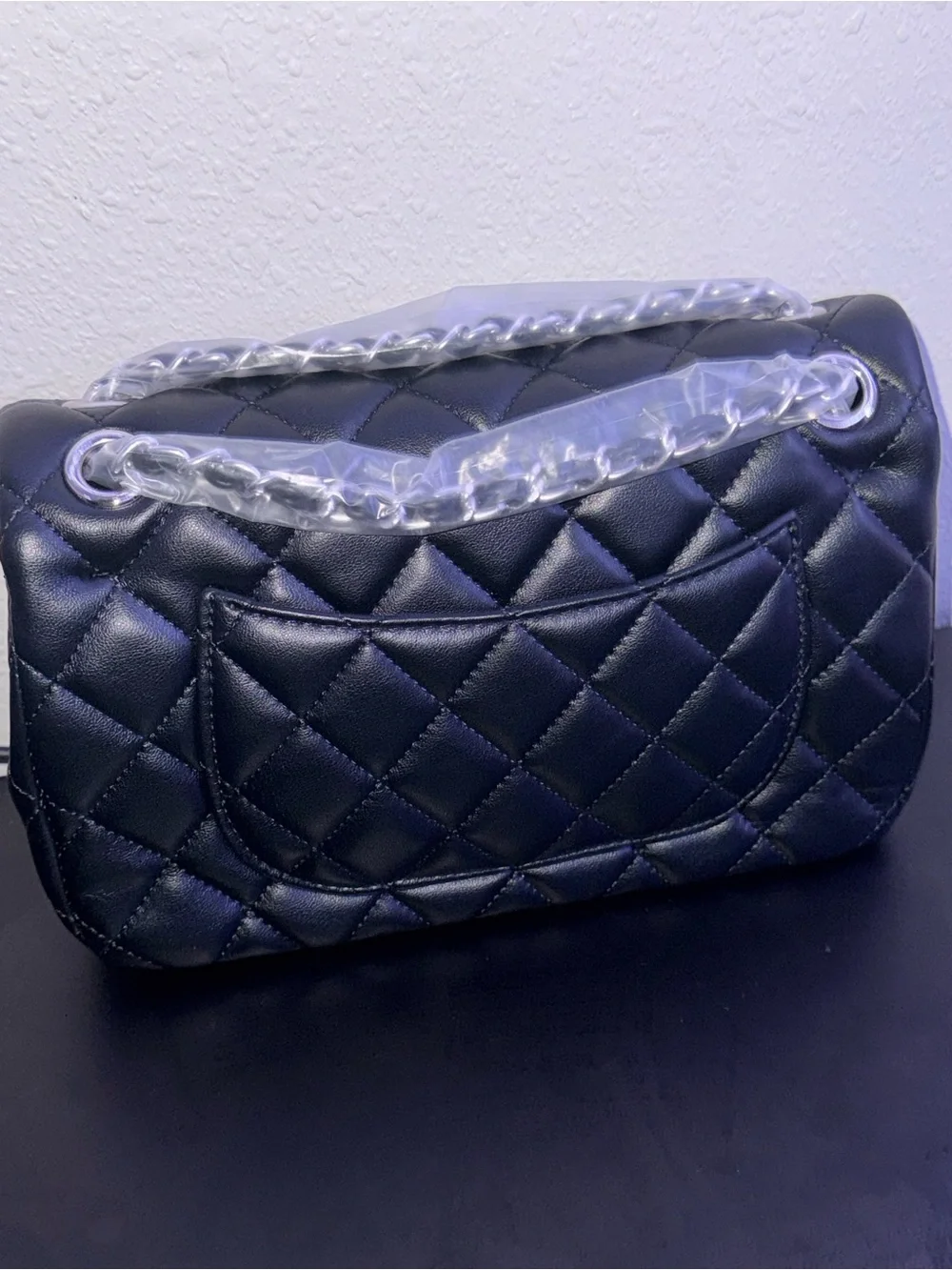 Black Quilted Leather Shoulder Bag with Chain Accent